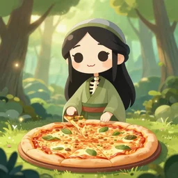 beautiful digital fantasy illustration of a pizza shaman!!, cute smiling attractive skeleton girl, the trees of a green woodlands glistens as the morning sun touches its leaves with her gentle rays. dryads of various ages walk through the forest, collecting to make into potions by alena aenami and arthur adams, octane render, detail texture, unreal engine, ultra realistic, 8 k