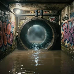 person standing in edge of large round sewer pipe in underground london sewer, graffiti on walls, flood, water, submerged dramatic, misty, cinematic lighting, ghibli, sharp focus, ilblard jikkan, 4 k