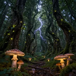 a mushroom forest with twisting trees and lightning bugs