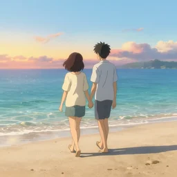couple walking along beach, sunset, clear water, sandy, particles, illustration, digital art, smooth, soft focus, depth of field, hdr, style of studio ghibli, makoto shinkai