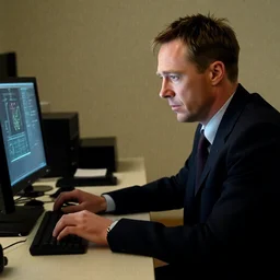 cross between michael schumacher and hugh grant sits at a desk and stares at a screen with a concerned expression, optimal focal length
