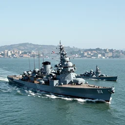 Japanese naval fleet entering the San Francisco Bay Area, world war 2, color.