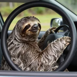 4k photograph of a sloth behind the driving wheel of a car