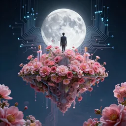 by david lachapelle and benoit b. mandelbrot, visually stunning, cinematic, ultra realistic, hyper realism, 1 2 k, epic, octane render, unreal engine, vfx, maya, a beautiful 🌸 🌼 💮, centered full body, full moon island nights, circuitry, ornate