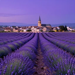 a lavender field during the night with a town and a church in the background in the style of vincent van gogh