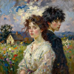 an oil painting of [ nagito komaeda and hajime hinata ] painted by [ pierre auguste cot ], dramatic, beautiful textures, dynamic lighting, landscape painting [ a woman ] in a field of flowers, cottage, realistic hair, [ realistic and epic ]
