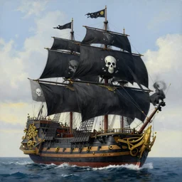 masterpiece painting of a big black galeon with a black skull flag and golden decorations on the hull, by greg rutkowski and noah bradley, trending on artstation