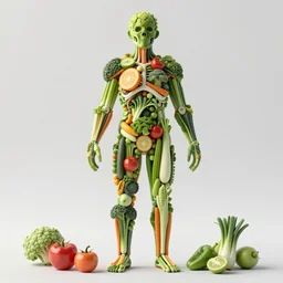 anatomy illustration made with vegetables and fruits, ultra realistic, concept art, full - body, photorealistic, octane render, 8 k, unreal engine. art by gustave dore and nori inoguchi and sam kaplan and zachary goulko and christopher marley and artgerm and alphonse mucha, bright colors