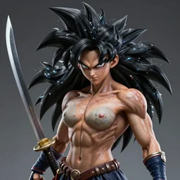 warrior girl, muscular girl, wild spiky black saiyan hair, long spiky hair, electrified hair, scimitar, ultra realistic, intricate details, highly detailed, subsurface scattering, photorealistic, octane render, 8 k, art by artgerm, greg rutkowski, magali villeneuve, alphonse mucha