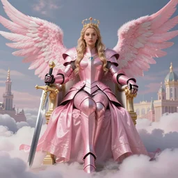 gorgeous!! hyper - realistic princess resembling olivia wilde wearing ornate pink knight armor, angel wings, angemon l sitting at the thrown, holding a long sword | divine, elegant, ethereal, heavenly, clouds, holy city | illustration, intricate, high detail, ultra graphics, daz | drawn by wlop, drawn by jeehyung lee, drawn by artgerm