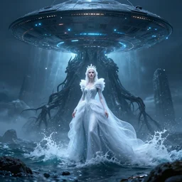 by wesley burt and basil gogos, visually stunning, cinematic, ultra realistic, hyper realism, 1 2 k, epic, octane render, unreal engine, vfx, maya, snow queen : cthulhu rising from the ocean, portrait of evil princess : spaceship ufo