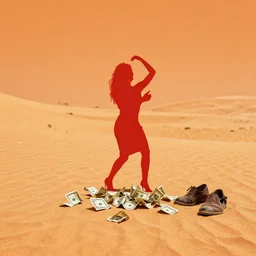minimalist movie poster, israeli desert, salsa, crumbled dollar bills, two shoes, solid colors