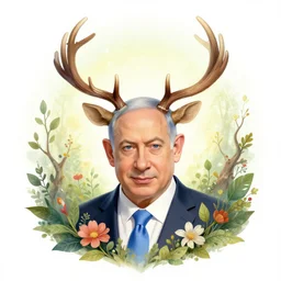 portrait of benjamin netanyahu as a magical forest spirit, antlers, branches, leaves, flowers, aura, by brian froud