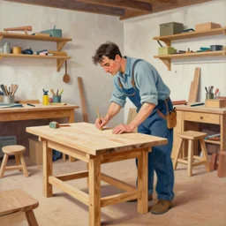 greg manchess portrait painting of simple carpenter fine woodworker | building a wooden table in their well organized clean workshop, medium shot, asymmetrical, profile picture, organic painting, sunny day, matte painting, bold shapes, hard edges, street art, trending on artstation, by huang guangjian, gil elvgren, ruan jia, randy vargas, greg rutkowski