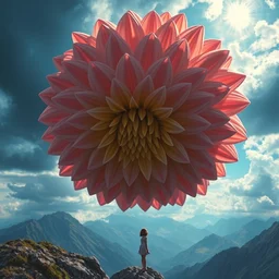 closeup giant dahlia flower under head, girl standing on mountain, surreal photography, blue storm clouds, dramatic light, impressionist painting, digital painting, artstation, simon stalenhag