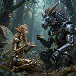intricate mechanical fairy having tea with a cyborg minotaur in a magical forest, having tea with a giant minotaur. Very detailed 8k. Fantasy cyberpunk horror. Sharp. Cinematic post-processing
