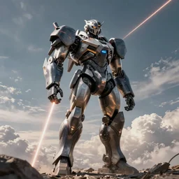 armored core 4 by liam wong, john carpenter, octane render, long - shot, full body, sky, cloud, laser beam, dramatic lighting, cinematic establishing shot, extremely high detail, photorealistic, cinematic lighting,