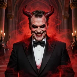 hyper realistic upper body portrait of satanic viktor orban depicted as the antichrist in tuxedo, evil grin, red mist in hell, monastery interior, gorgeous lighting by kim jung giu weta studio, mucha, bautista and norman rockwell and greg rutkowski and tom bagshaw and james gurney and lucasfilm