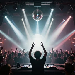 dj on stage with raised hands looking over crowd partying with their hands up at a club, volumetric lighting, haze, moving heads light beams, spot lights, disco ball, silhouette, digital art, trending on artstation, 4k, unreal engine, intricate, ornate