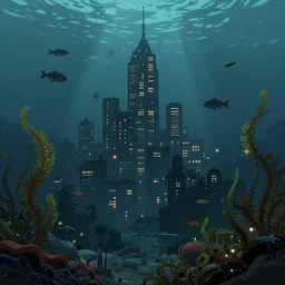 city under water, fish, algae, city lights, greg rutkowski, trending on artstation, concept art