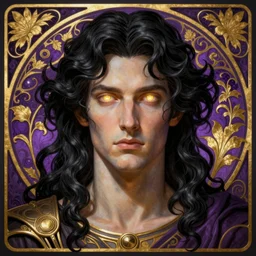 the god zeus, portrait, wavy black electric hair, glowing eyes,, volumetric lights, purple and gold scheme, art nouveau botanicals, gothic, intricate, highly detailed, digital painting, artstation, concept art, smooth, sharp focus, symmetric face, illustration, steampunk, art by artgerm and greg rutkowski and alphonse mucha