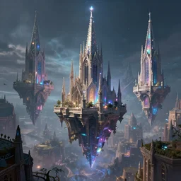 arcane cityscape, floating gothic buildings shimmer with iridescent magical lights, digital art, fantasy
