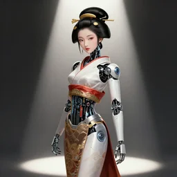 female geisha robot, rule of thirds, intricate outfit, spotlight, by greg rutkowski, by jeremy mann, digital painting