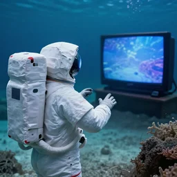 an astronaut watching tv under the ocean