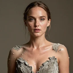 nathalie portman wearing a risque outfit made from ash, half body portrait, greg kutkowski, sharp details, soft lighting, subsurface scattering, pearls of sweat, glistening skin, warm lighting