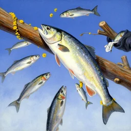 fish mugshot of avalanche joseki in the sky, picking off winners, with a wooden beam and helichrysum necklace, artwork by franz von stuck