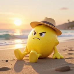 3 d render, of anthropomorphic lemon character with an angry look on his face, he is wearing a hat, relaxing on the beach at sunset, beach, waves, sun, rim light, cinematic photography, professional, sand