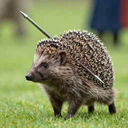 hedgehog carrying lance riding dog. jousting.