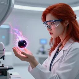 league of legends concept art beautiful young female scientist looking at small black hole in her hands, safety glasses, long red hair, futuristic laboratory in background, black hole with plasma jets, art by charles liu, close up profile shot, white interior, fantasy style, soft lighting, vibrant color scheme, volumetric lighting, octane render, commission art, 8 k resolution