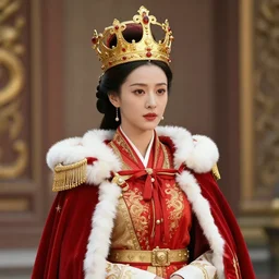 a woman dressed as a male king in military attire, with a very feminine queen