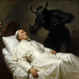 the pope is in his bed, nervous and terrified, because a double horned shadow figure from hell is attacking him. highly detailed painting by gaston bussiere, j. c. leyendecker, greg rutkowski, craig mullins 8 k