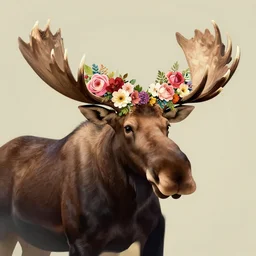 A moose wearing a crown of flowers, digital art