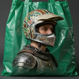 portrait of a knight in a ornate motorcycle dirt helmet, background green plastic bag,, by zdzisław beksinski, elegant, fashion studio, ighting, 3 5 mm, edward hopp