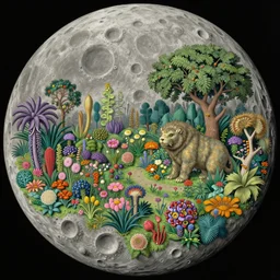 a landscape on the moon with many craters, a beautiful flowering garden, a big strange beast, a lot of exotic vegetations and trees, intricate detaild, 8 k, in the style of martin johnson heade and roger dean