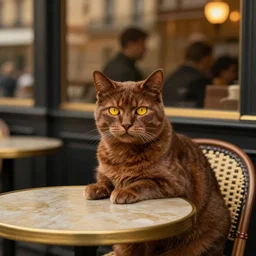 brown cat with yellow eyes is sitting at table in a cafe at paris in early 2 0 th century. atmospheric feeling, warm colours, brown colours, yellow colours, epic scene, cinematic, very detailed, concept art