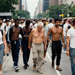 beautiful urban photography of a large crowd suffering from a heat wave in a big city on concrete, in the foreground an old man with scanty clothing is seen helped by young black and arab commuters wearing tracksuits without tshirts in summer afternoon, painting by boris vallejo and gustave courbet, peter mohrbacher, joseph christian leyendecker, william adolphe bouguereau, nice afternoon lighting, smooth tiny details, soft and clear shadows, low contrast, perfect