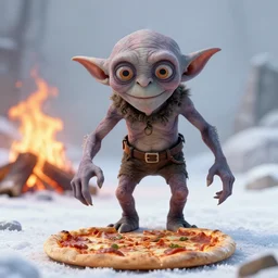 gollum smeagol grotesque protecting his precious pizza from the viewer, feet deep in snow, fire burning in the background, ultra detailed, ultra realistic, by beksinski, alejandro jodorowsky, giger, greg rutkowski, carne griffith, trending on artstation, deviantart, masterpiece, photorealism