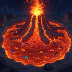 school of fire - colored fish swimming in a volcano lava lake. 4 k video game concept art. unreal engine.
