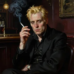 matte painting character illustration of john constantine sitting down in a shadowed corner of the room at a bar in london smoking a cigarette, digital painting, john singer sargent, gothic, amazing values, 8 k, symmetrical face details, realistic face details, realistic eyes, moody lighting, blonde british man, graphic style, gothic lighting