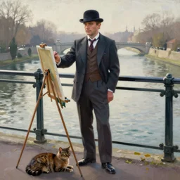 high quality high detail painting by lucian freud, ewan mcgregor is standing by the river seine on a bridge in the morning. he is wearing a gentleman ´ s outfit with a bowler hat. next to him at his feet is lying a brown cat. ewan mcgregor is painting a canvas that is put on an easel. morning light, 4 k