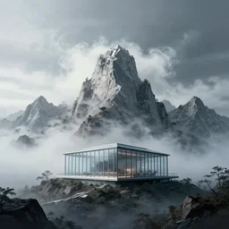 mountains made of a vaporwave explosion + a modern glass house, album art, rule of thirds, clean linework, dramatic, moody, introspective, cinematic, award winning, 4 k, trending on artstation, photorealistic, volumetric lighting, octane render