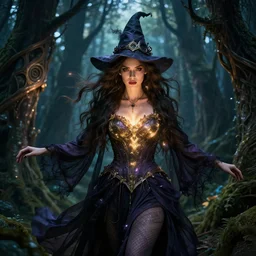 portrait of forest witch, beautiful, attractive, glowing, jaw dropping, magical, dynamic lighting, dark, 4 k, octane render, age 2 0, background enchanted woods, intricate and ornate, highly detailed, sharp