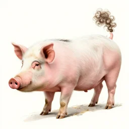 portrait of a pig, with a curly pig tail!, curly tail, pig tail, concept art, smooth, fine lines, natural geographic wildlife, biology book illustration by greg rutkowski, greg hildebrandt, tim hildebrandt