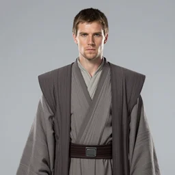 star wars portrair by greg rutkowski, jedi knight, german features, straight jaw, manly, tall, wearing gray jedi robes, artstation hq.