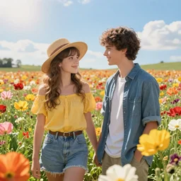 flower field, girl and boy, sunny allesandro pavolio, artstation, highly detailed stunning, epic