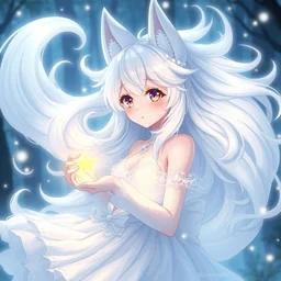 full body cute bombshell anime waifu kitsune with white floating hair, pearlescent white magical girl dress. holding tiny glowing star. isekai enchanted forest, symmetrical face. symmetrical detailed defined eyes. beautiful lineart. pixiv # 1 ranking depth of focus, chromatic aberration, noise, soft lighting, srgb, 4 k, by rembrant, kuvshinov, and ross tran